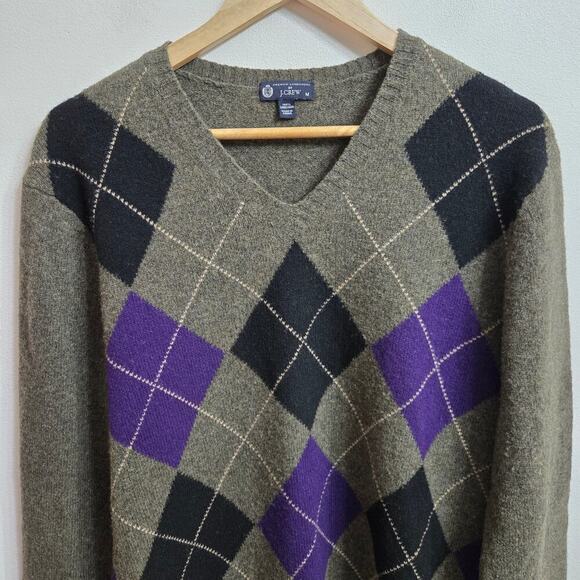 J.Crew Mens Argyle V-Neck Sweater M Lambswool Old Money Preppy Academia Classic - Picture 2 of 9